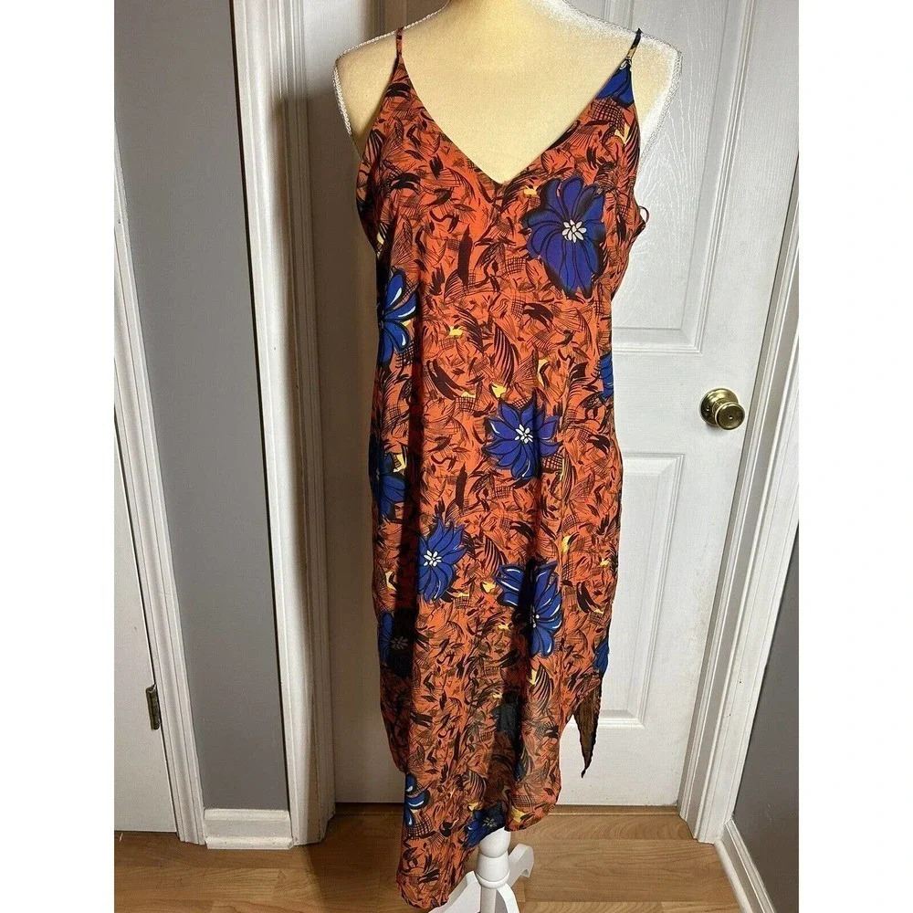 Zara Collection Orange Floral Sheer Lined Asymmetrical Sundress Women’s Size M